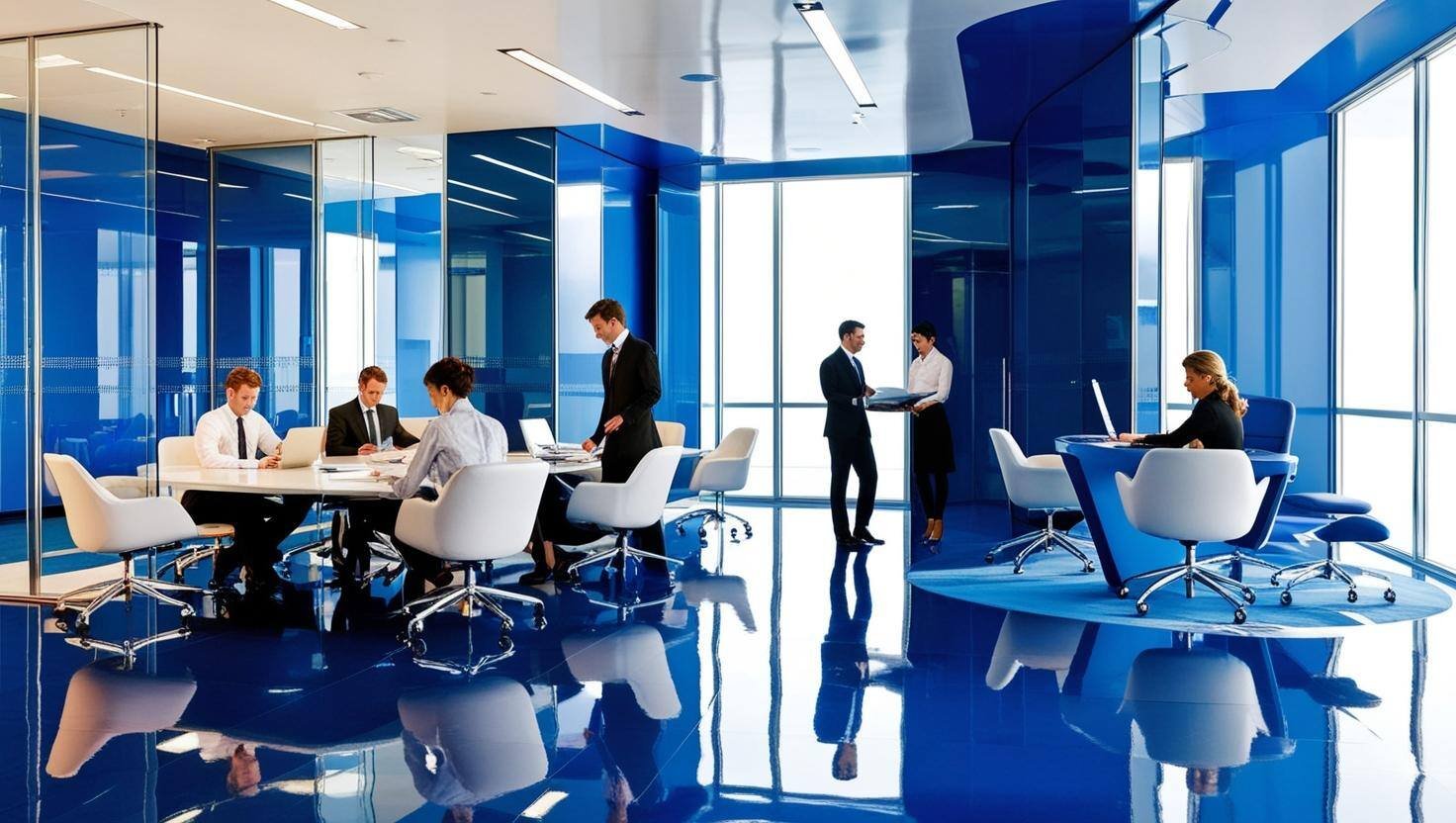 create caucasian people working in an office in a luxury blue designed office environment